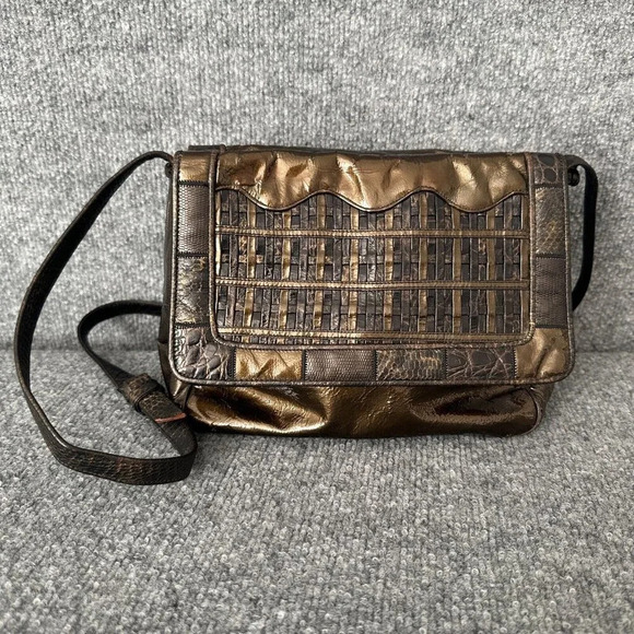 Sharif Handbags - Vintage 80s Sharif Purse Womens Metallic Patent Leather Patchwork Crossbody